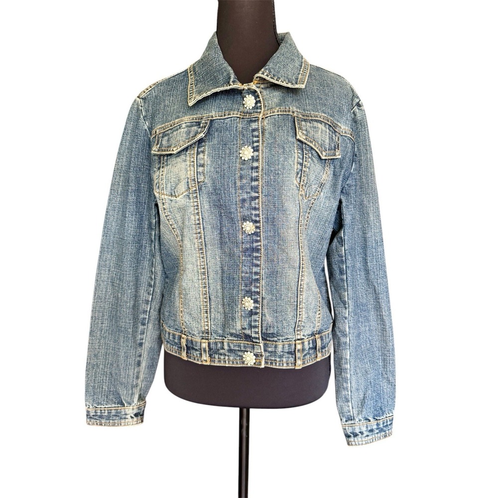 VTG Jessica Howard Distressed Denim Jean Jacket Rhinestone Buttons Y2K